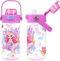 Queenshin Girls Mermaid Water Bottle for School 20oz BPA-Free Tritan Outdoor Kids Sports Water Cup Leak Proof with Straw Lid Handle Pop-Up Spout Cover