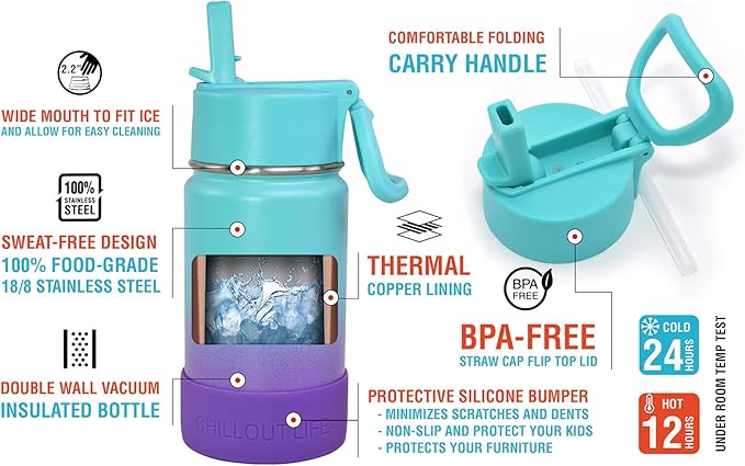 CHILLOUT LIFE 12 oz Kids Insulated Water Bottle for School with Straw Lid Leakproof and Cute Waterproof Stickers, Personalized Stainless Steel Thermos Flask Metal Water Bottle for Girls & Boys