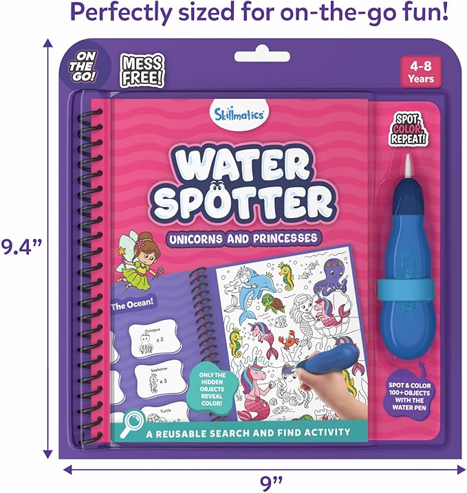 Skillmatics Reusable Search & Find Book – Water Spotter, Mess-Free, Fun Learning Activity, Unicorns & Princesses, Travel Toy, Gifts for Kids Ages 4, 5, 6, 7, 8