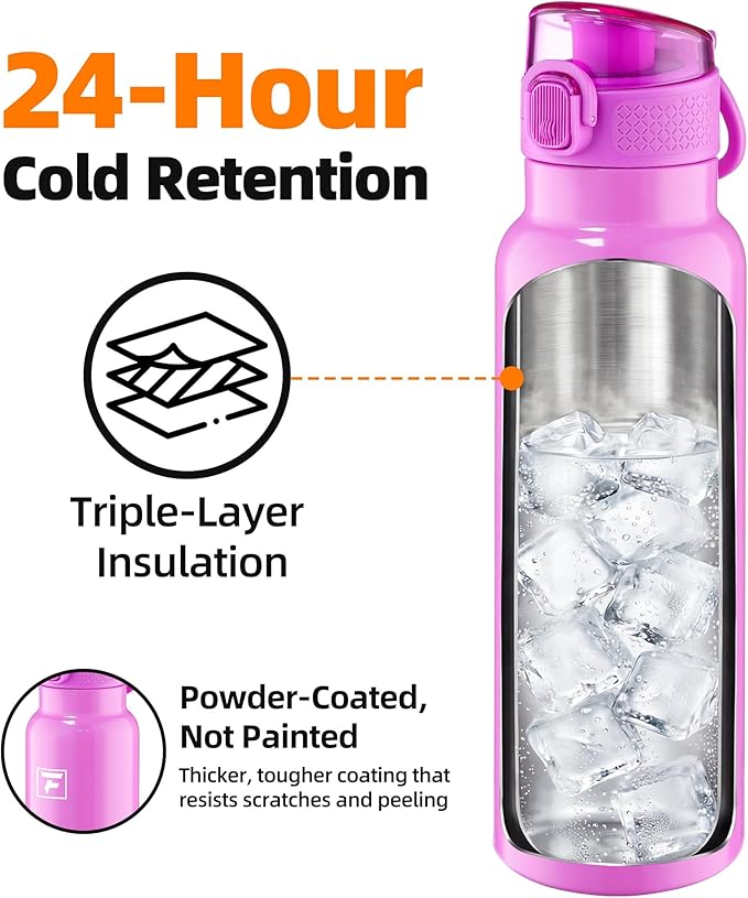 Fanhaw Daylite Series 24 oz Stainless Steel Insulated Water Bottle with Silicone Spout Lid, Double-Wall Vacuum Leakproof Metal Bottle, Anniversary Birthday Gift for Kids, Women & Men (Purple)
