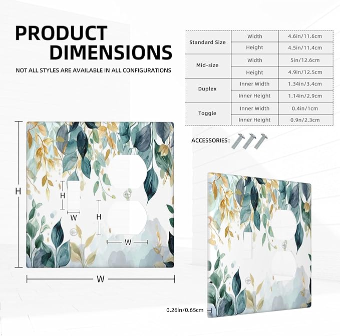 Boho Goldgreen Leaf Botanical Eucalyptus Leaves Wallplates 1 Toggle 1 Duplex Switch Plate Electrical GFCI Faceplate Decorative Light Switch Covers for Bedroom Living Room Decor