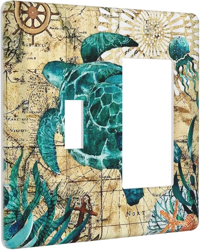 2-Gang 1-Toggle 1-Decora/GFCI Device Combination Funny Classic Sea Blue Turtle Beach Nautical Ocean Themed Teal World Map Tortoise Coastal Wall Plate Combo Toggle Decorator Outlet Light Switch Cover