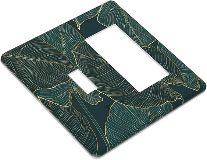 Gold Tropical Green Botanical Palm Leaves Outlet Covers 1 Toggle 1 Rocker Combination Decorative Wall Plate Electrical Switch Plates Light Switch Cover Plate for Bedroom Living Room Decor