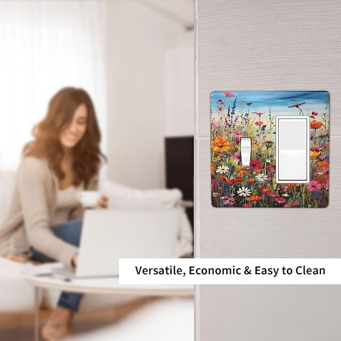 Colorful Wildflowers Painting Floral Flower Outlet Covers 1 Toggle 1 Rocker Combination Decorative Wall Plate Electrical Switch Plates Light Switch Cover Plate for Bedroom Living Room Decor