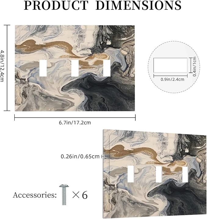 Decorative Switch Plates Black Gold Swirl Fluid Painting Marble 3 Gang Wall Plate Triple Toggle Light Switch Cover Faceplate Electrical Wall Panels For Bathroom Kitchen Decor