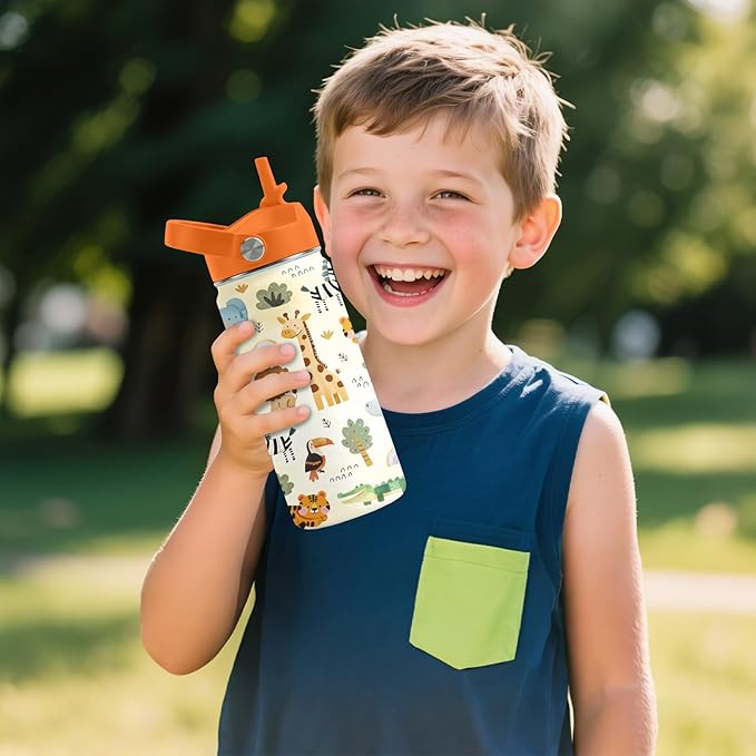 16oz Kids Wild Animal Water Bottle with Straw Lid, Stainless Steel Insulated Tumbler, Leakproof, BPA-Free, for Boys & Girls, Travel - Forest Friends Nature Lovers Birthday Gift Cup (1pc)