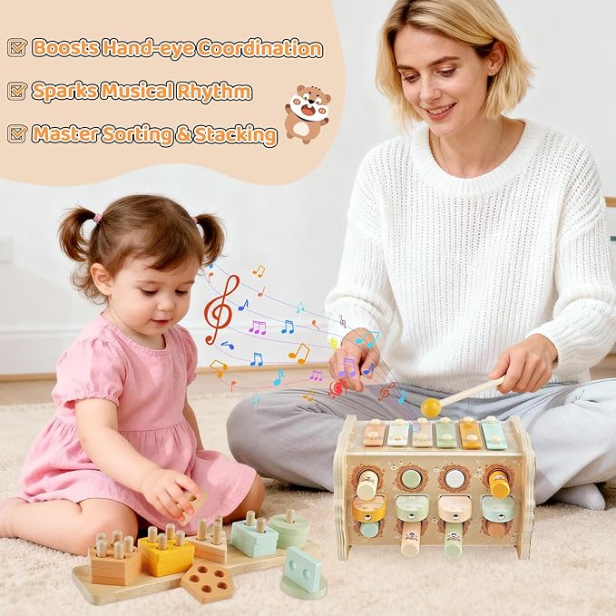 Wooden Montessori Toys for 1 Year Old, Pounding Hammering Toy with Xylophone & Fishing Game, Car Ramp Toy, Stacking Blocks & Shape Sorter 3 in 1 Wooden Toddler Toys 1 2 3 for Christmas Easter Gifts