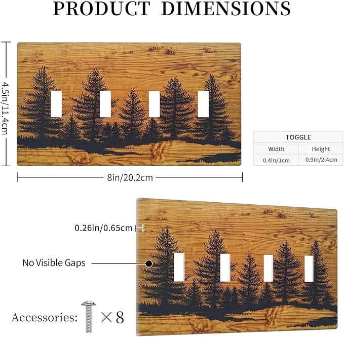 Light Switch Covers Forest Pine Silhouette Rustic Wood Grain Quad Toggle Electrical Faceplate 4 Gang Wall Plate Decorative Switch Plates For Farmhouse Cabin Decor