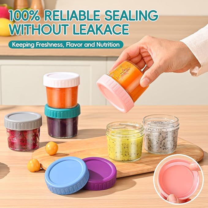 DEHOV 6-Piece Glass Baby Food Containers with Lids,4 OZ Small Glass Freezer Safe Baby Food Storage Jars,Leak Proof Baby Food Grade Puree Containers