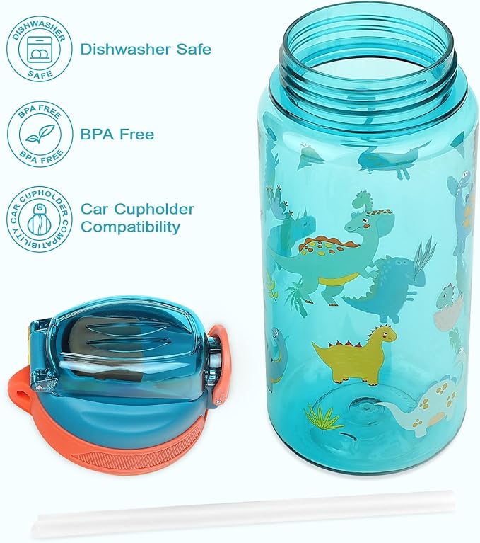 Kids Water Bottle for School or Travel, 20 Oz 2 Pack Durable Plastic Water Bottle with Silicone Straw and Pop-Up Spout Cover, BPA Free & Dishwasher Safe(Excavator & Dinosaur)