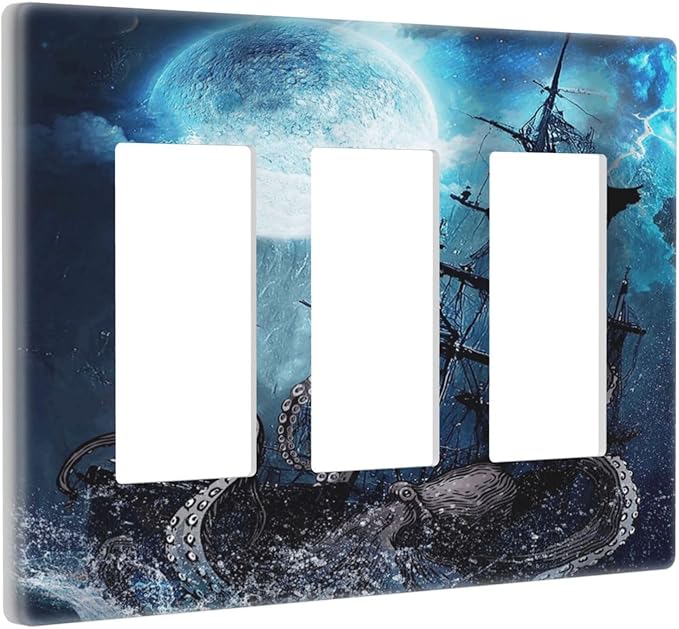 Moon Ocean Nautical Octopus 3 Gang Triple Rocker/Decora Light Switch Wall Plate Cover Decorative Electrical Faceplate Switchplate for Bathroom Living Room Decor