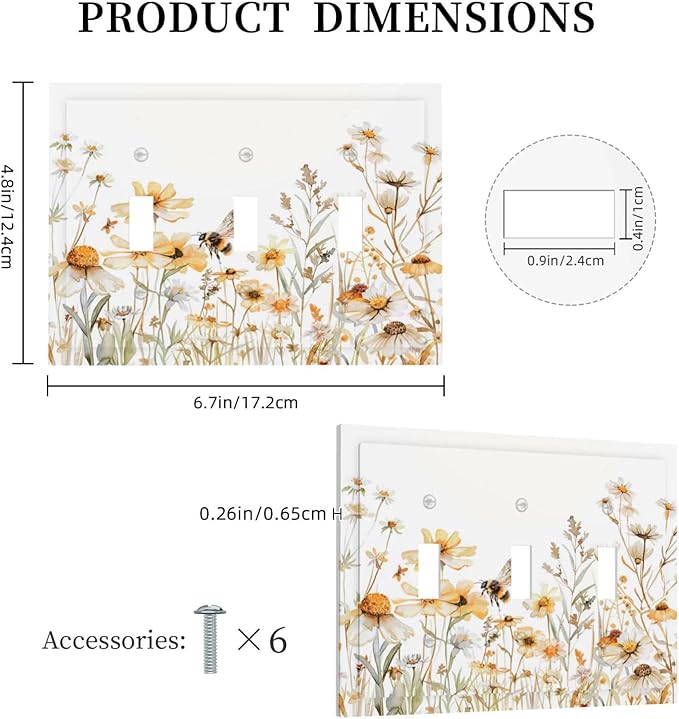 Yellow White Daisy Floral Bee Wild Flower Decorative Switch Plates 3 Gang Wall Plate Triple Toggle Light Switch Cover Faceplate Electrical Wall Panels for Bedroom Living Room Decor