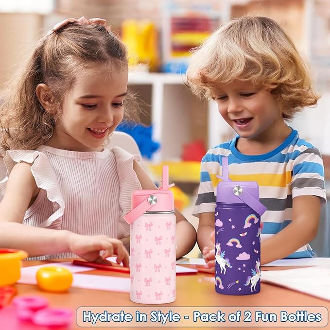 Kid Water Bottle 12oz with Straw Lid - 2-Pack Insulated Stainless Steel Water Bottles for Kids Girls - Travel Cup for Back to School Sports Christmas Birthday (Bow & Unicorn)