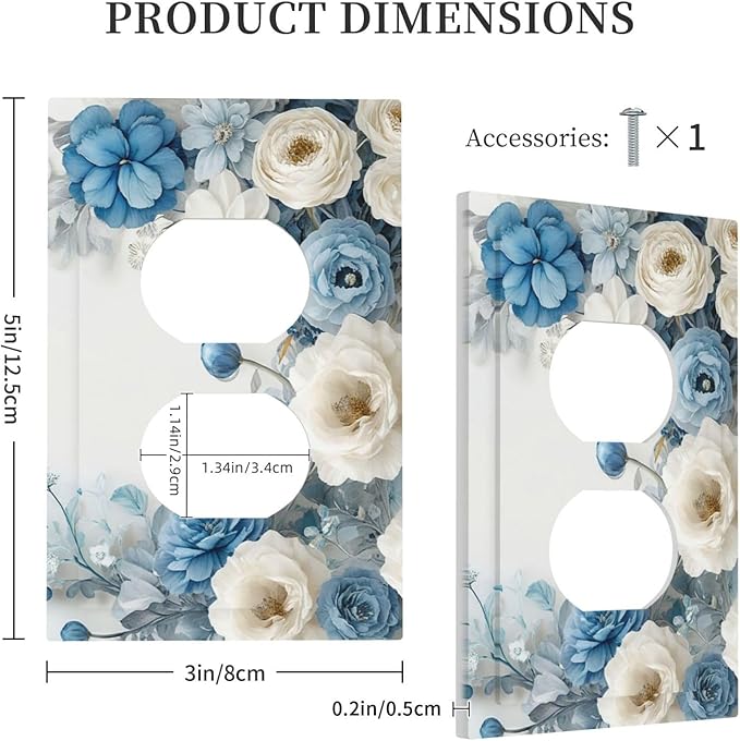 Decorative Outlet Covers Blue Rose White Flowers Rustic Floral 1 Gang Duplex Light Switch Cover Plate Wall Plates for Electrical Outlets Electrical Switchplate Face Plate