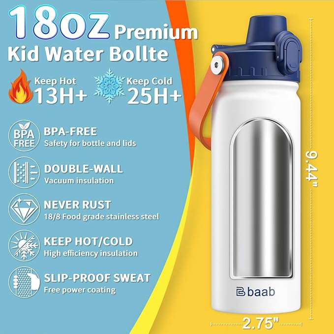 baab 18oz Kids Water Bottle, Insulated Kids Water Bottle with Lockable Spout Lid & Stickers, 18/8 Stainless Steel Vacuum Leakproof Kid Water Cup with Handle for Boy Girl & School (White, 1 Pack)