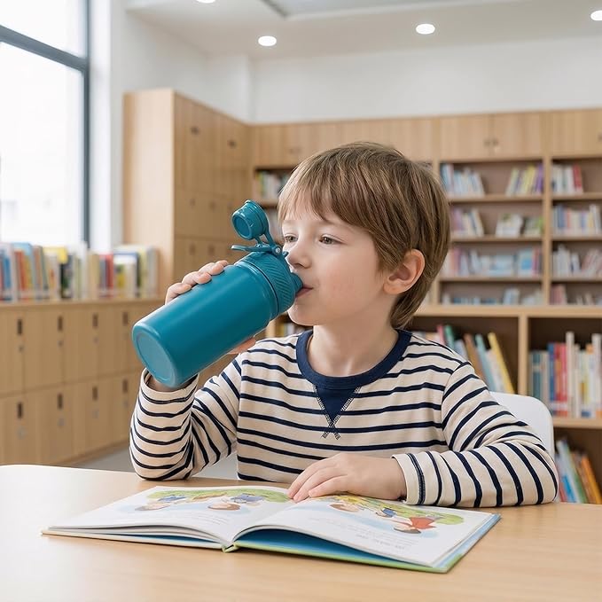 Fijinhom 12 oz Kids Water Bottle, 2-in-1 Stainless Steel Vacuum Insulated Water Bottle for Toddler, Leak Proof Spout & Straw, Double Wall Thermal Flask for Boys&Girls, School, Outdoor, Travel (Blue)