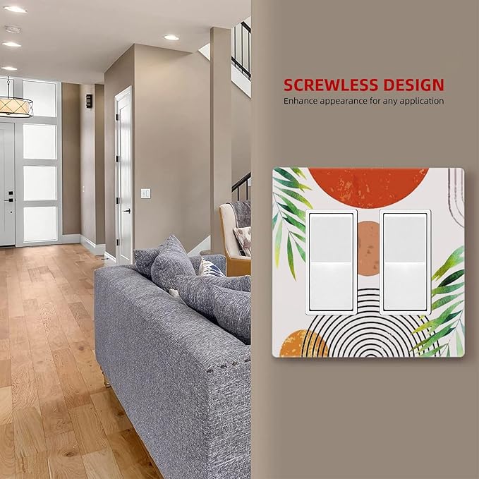 Beige Pink/Orange Boho Abstract Art Mid Century Sun 2 Gang Double Decorator GFCI/Rocker Wall Plate Tan Sunset Arch Olive Leaf Electrical Outlet Decorative Receptacle Cover Light Switch for Dimmer, USB