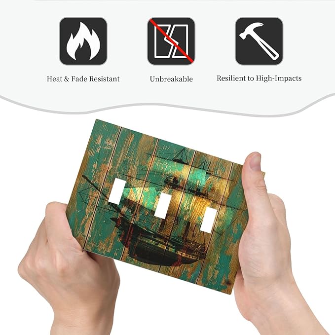 Decorative Switch Plates Rustic Green Wood Grain Sailboat 3 Gang Wall Plate Faceplate Triple Toggle Light Switch Cover Electrical Wall Panels for Farmhouse Bedroom Decor