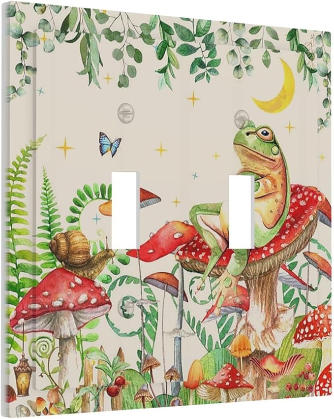 Decorative Switch Plates Boho Mushrooms Frogs Butterflies Flowers Moon Stars 2 Gang Double Toggle Wall Plate Outlet Light Switch Cover Electrical Faceplate for Kids room Bedroom Decor