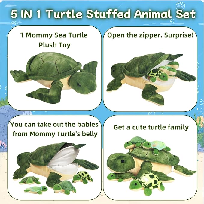 5 Piece Sea Turtle Stuffed Animal with Babies, 12'' Mommy Stuffed Turtle Plush Pillow Toy with 3 Baby Turtles Surprise Tortoise Plushies Toys for Kids Toddler Birthday Party Favors