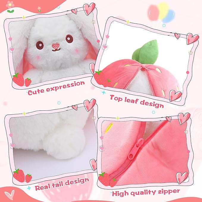 MIAODAM Easter Bunny Stuffed Animal, Carrot and Strawberry Bunny Plush Turn Into Rabbit Fruit Doll, Plushies Funny Bunny Toy for Girls (Strawberry Rabbit, 10inch)