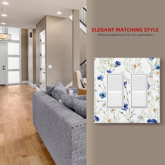 Decorative Outlet Covers Watercolor Daisy Blue Floral Vintage Plant 2 Gang Double Rocker Light Switch Cover Decorative Switch plates Electrical Wallplate GFCI Receptacle for Bedroom Home Decor