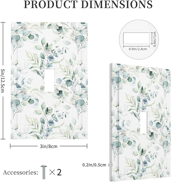 Watercolor Spring Sage Green Eucalyptus Leaves Plant Nature Herb Botanical Floral 1 Gang Electrical Single Toggle Device Switch Wall Plate Jumbo Size Decorative Outlet Light Switch Cover Faceplate