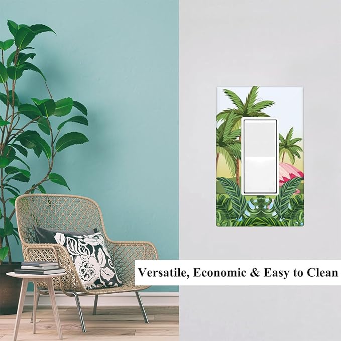 Beach Flamingo Single Rocker Wall Plate Summer Palm Tree Banana Monstera Leaf Tropical Plant Decorator Rocker Switch Plate Decorative 1 Gang Lightswitch Cover Home & Office