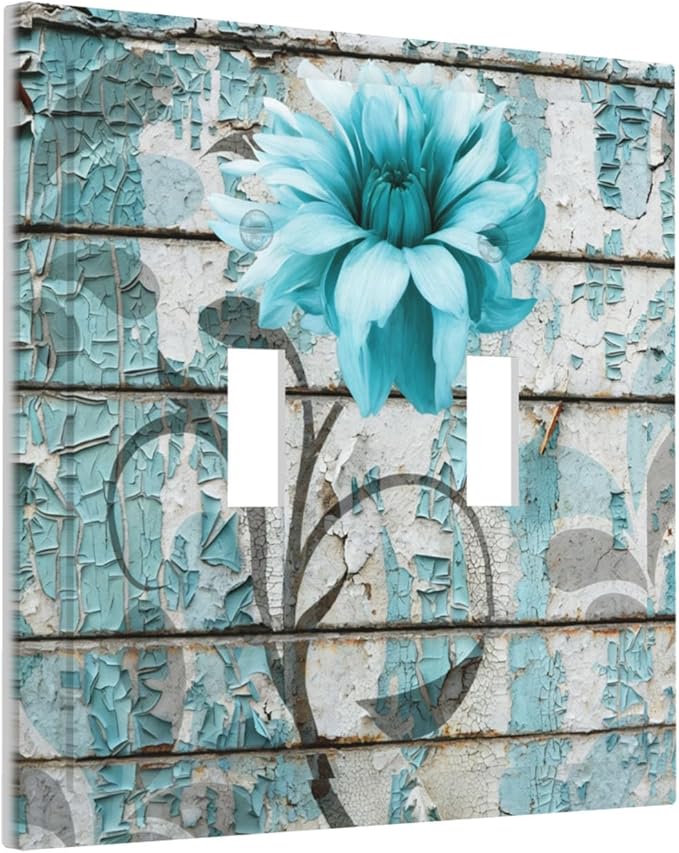 Vintage Floral Double Toggle Switch Cover - 2-Gang Standard US Size Rustic Farmhouse Teal Flower Distressed Brick Light Switch Covers for Bedroom Bathroom Decor