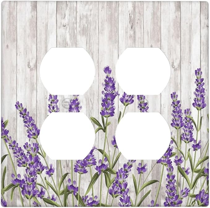 Purple Lavender Rustic Wooden Flowers Floral Plant Outlet Covers 2 Gang Double Duplex Decorative Light Switch Covers Electrical Wallplates Socket Faceplate for Farmhouse Living Room Decor