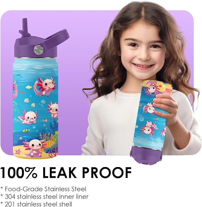 Axolotl Gifts for Girls, 16oz Axolotls Water Bottle with Straw Lid, BPA-Free, Leak Proof Stainless Steel Insulated Tumbler, Adorable Ocean Animal Mug Cup for Sports,Travel Boys Birthday Gifts (1pc)