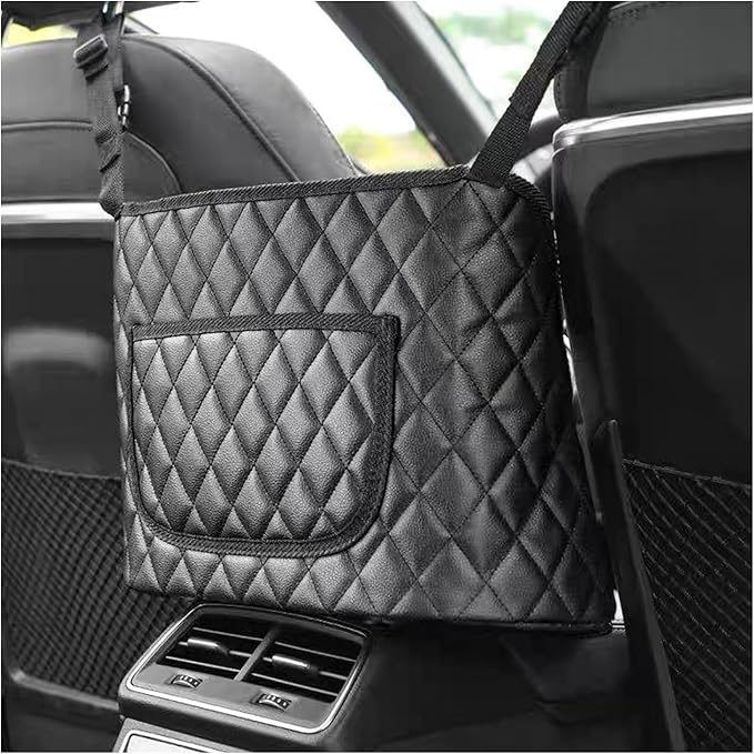 Dickno Car Purse Holder Between Seats, Leather Auto Front Seat Handbag Organizer Pocket, Universal Large Capacity Seat Bag Box Storage, Vehicle Interior Backseat Barrier for Kids Pet