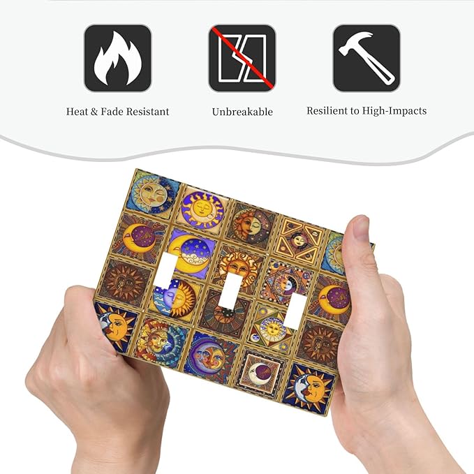 Mexican Talavera Tiles Star Pattern Celestials Theme Print Decorative Switch Plates 3 Gang Wall Plate Triple Toggle Light Switch Cover Faceplate Electrical Wall Panels for Kitchen Home Decor