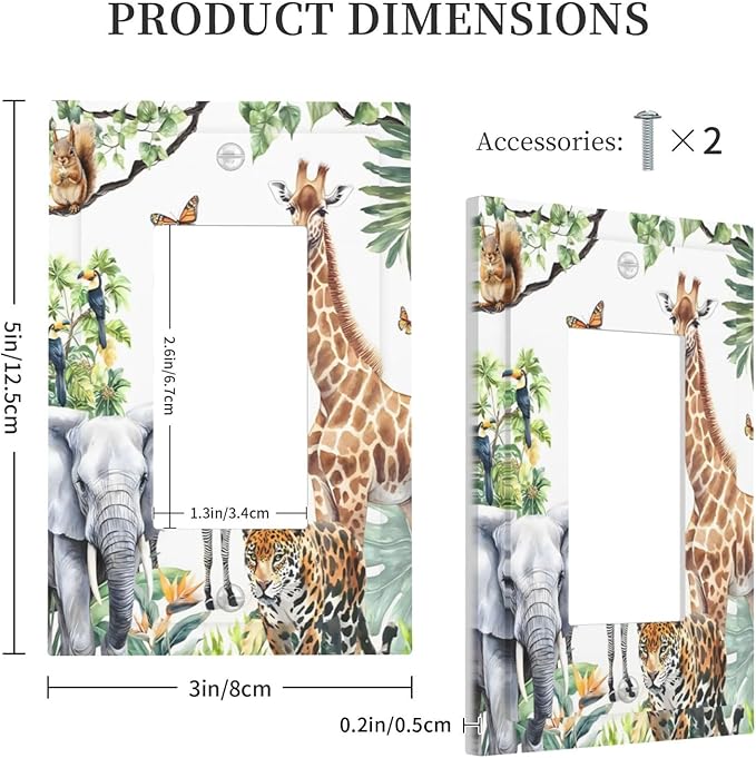 Elephant Giraffe Jungle Animals Leopard Zoo Decorative Outlet Covers 1 Gang Single Rocker Light Switch Cover Plate Wall Plates GFCI Faceplate for Kids Room Nursery Decor