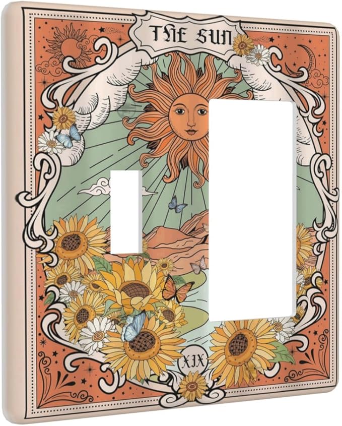 Boho Retro Sun Sunflower Vintage Flower Butterfly Outlet Covers 1 Toggle 1 Rocker Combination Decorative Wall Plate Electrical Switch Plates Light Switch Cover Plate for Farmhouse Home Decor