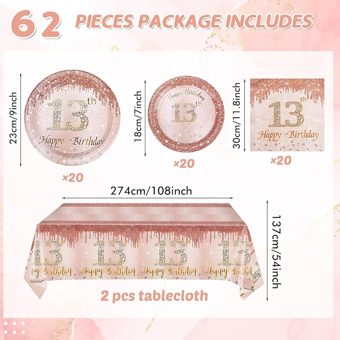 13th Birthday Party Decorations for Girls, Rose Gold Birthday Supplies Include 20Pcs Dinner Plates, 20Pcs Dessert Plates, 20Pieces Napkins and 2 Tablecloth, Sweet Thirteen Party Tableware