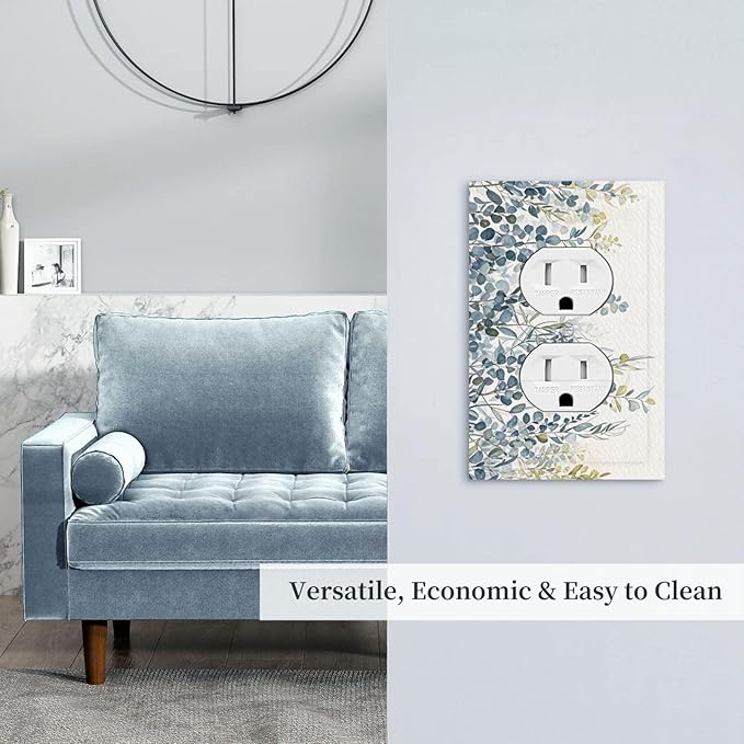 Decorative Outlet Covers with Green & Blue Watercolor Eucalyptus Botanical Foliage Design 1 Gang Duplex Light Switch Cover Plate Unique Wall Plates Switchplate Cover for Living Room Decor