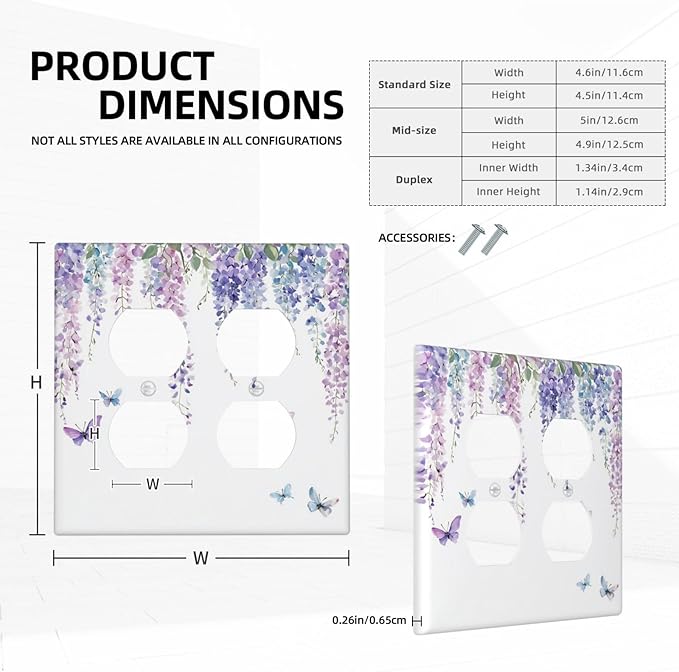 Outlet Covers Purple Flowers Watercolor Floral Butterflies 2 Gang Double Duplex Decorative Light Switch Covers Electrical Wallplates Socket Faceplate For Bed Room Living Room Decor