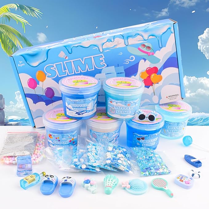 6 Pack Slimes Kit, Blue Slime Kids, Cloud Butter & Clear Slime, Party Favors, Toys for Girls Boys Ages 8-12, Goodie Bag Stuffers, Birthday Gift Ideas Cute Stuff