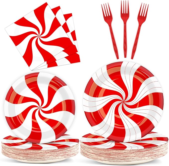 100Pcs Christmas Peppermint Paper Plates and Napkins Party Supplies Candy Cane Party Tableware Set Red and White Striped Christmas Winter Party Decor Favors for Holiday Xmas Theme Party Serves 25