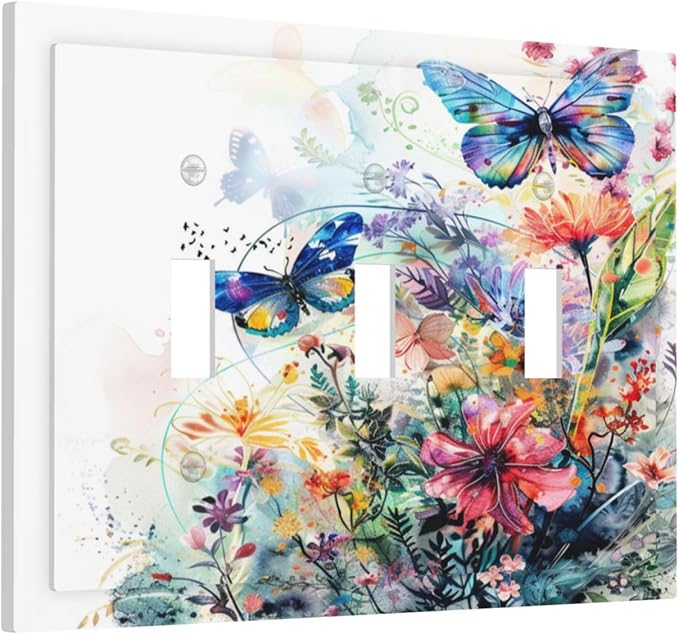 Light Switch Cover Plate Watercolor Colorful Floral Butterflies Wildflowers 3 Gang Triple Toggle Decorative Switch Plates Wall Plates Electrical Switchplate Faceplate for Bathroom Bedroom