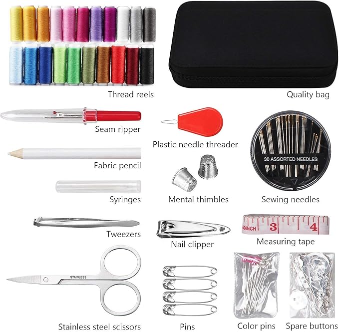 JUNING Sewing Kit with Case, 130 pcs Sewing Supplies for for Mom Grandma Women Men Home Travel and Emergency, Contains 24 Spools Threads, Sewing Needles, Scissors, Thimble, Measuring Tape and More
