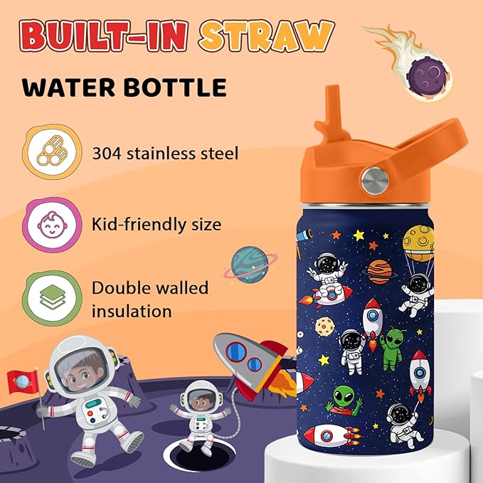 Space Astronomy Gifts for Kids - 12 Oz Kids Water Bottle with Straw Lid, Stainless Steel Insulated Tumbler, Leak Proof, BPA-Free, for Boys, School, Travel - Universe Children Birthday Gifts Cups(1pc)