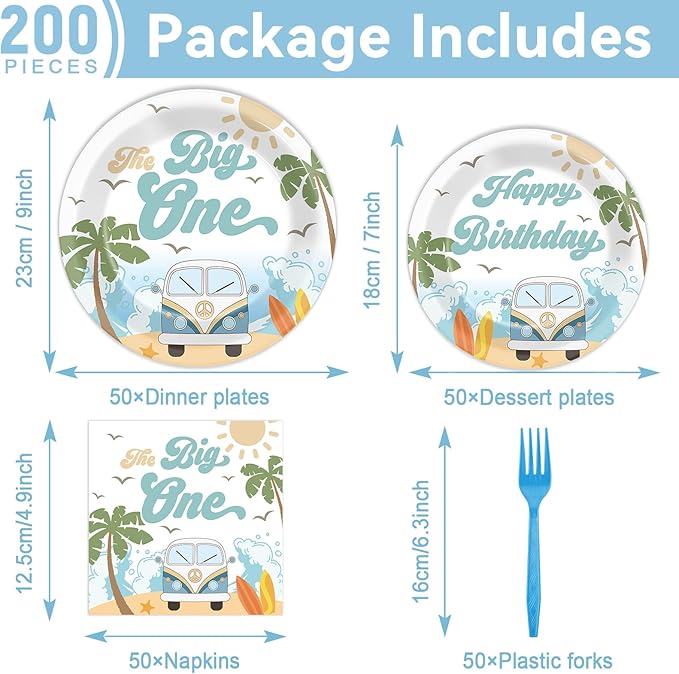 200pcs Summer Beach The Big One Party Plates Napkins Boy Surfing First Birthday Tableware Set Hawaiian Palm Tree Cake Dessert Disposable Dinnerware Retro Wave Decor for Baby Shower Supplies Serves 50