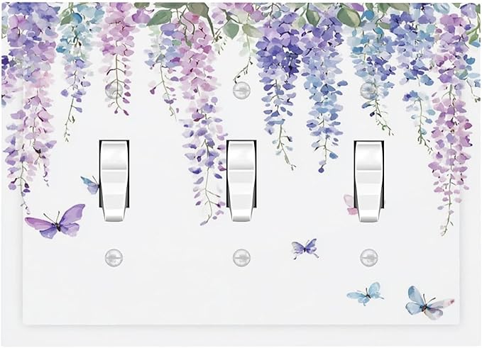 Decorative Switch Plates Purple Flowers Watercolor Floral Butterflies 3 Gang Wall Plate Triple Toggle Light Switch Cover Faceplate Electrical Wall Panels For Bed Room Living Room Decor