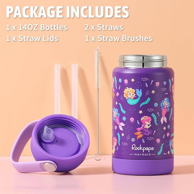rockpapa 14 oz Kids Insulated Water Bottle，Stainless Steel Toddler Cups with Straws, BPA Free, Leak-Proof, Kids Water Bottle for School Boys& Girls (Purple Mermaid)