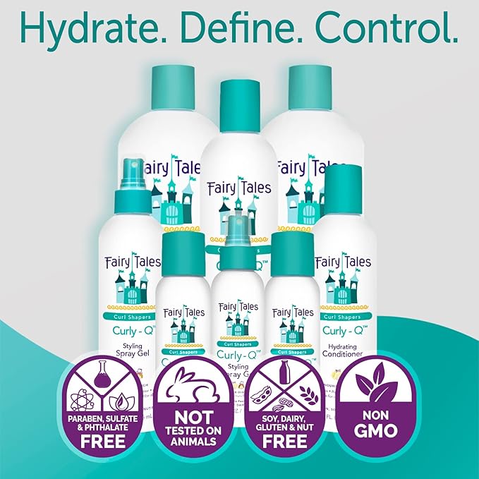 Fairy Tales Curly Q Hydrating Kids Shampoo 12oz, Conditioner 8oz, and Styling Spray Gel 8oz - Paraben, Sulfate, Gluten, and Nut Free - For All Curl Types Including Multi Cultural Hair (3 Pack)