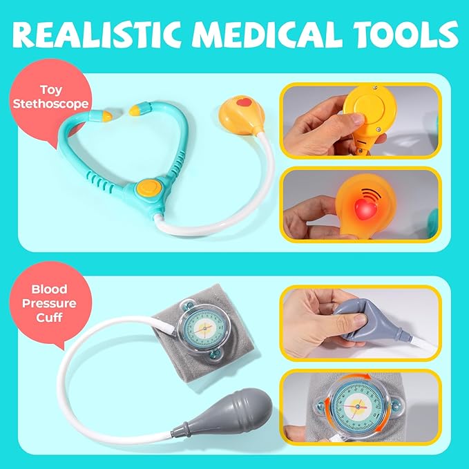 Doctor Kit for Toddlers 3-5 - Preschool Pretend Play Medical Kit with Stethoscope, Blood Pressure Cuff and Carrying Bag- Dress Up Toys for Kids Ages 3+ Years