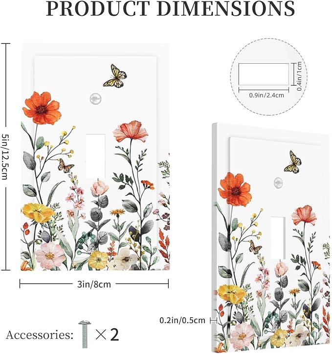 Vintage Floral Colorful Butterfly Wild Flowers Decorative Light Switch Cover 1-Gang Vibrant Spring Vibrant Blossom Single Toggle Wall Plate Electrical Device Outlet Switch Faceplate Cover Jumbo Size