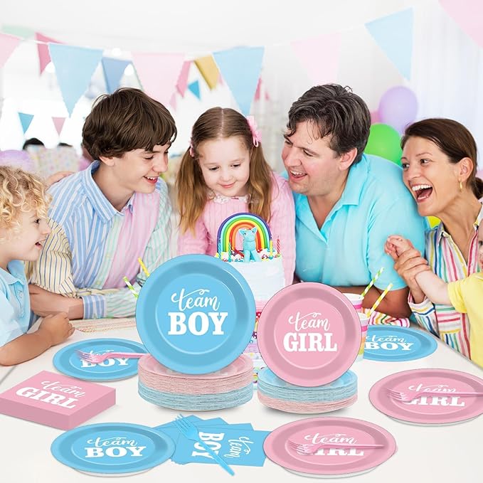 200pcs Gender Reveal Plates Napkins Gender Reveal Paper Tableware Set Blue and Pink Cake Dessert Disposable Dinnerware Boys Girls Party Decoration for Baby Shower Birthday Decor Supplies Serves 50